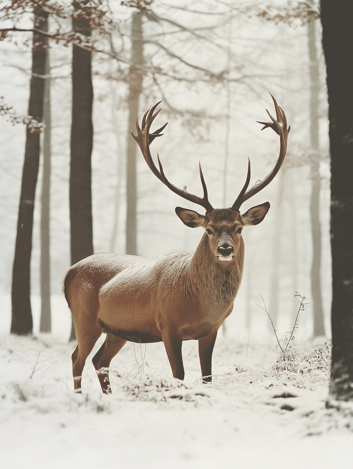 Stag crowned with antlers in snow
