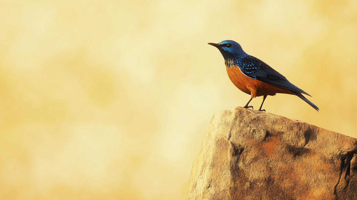 Vivid blue and orange bird on a rock