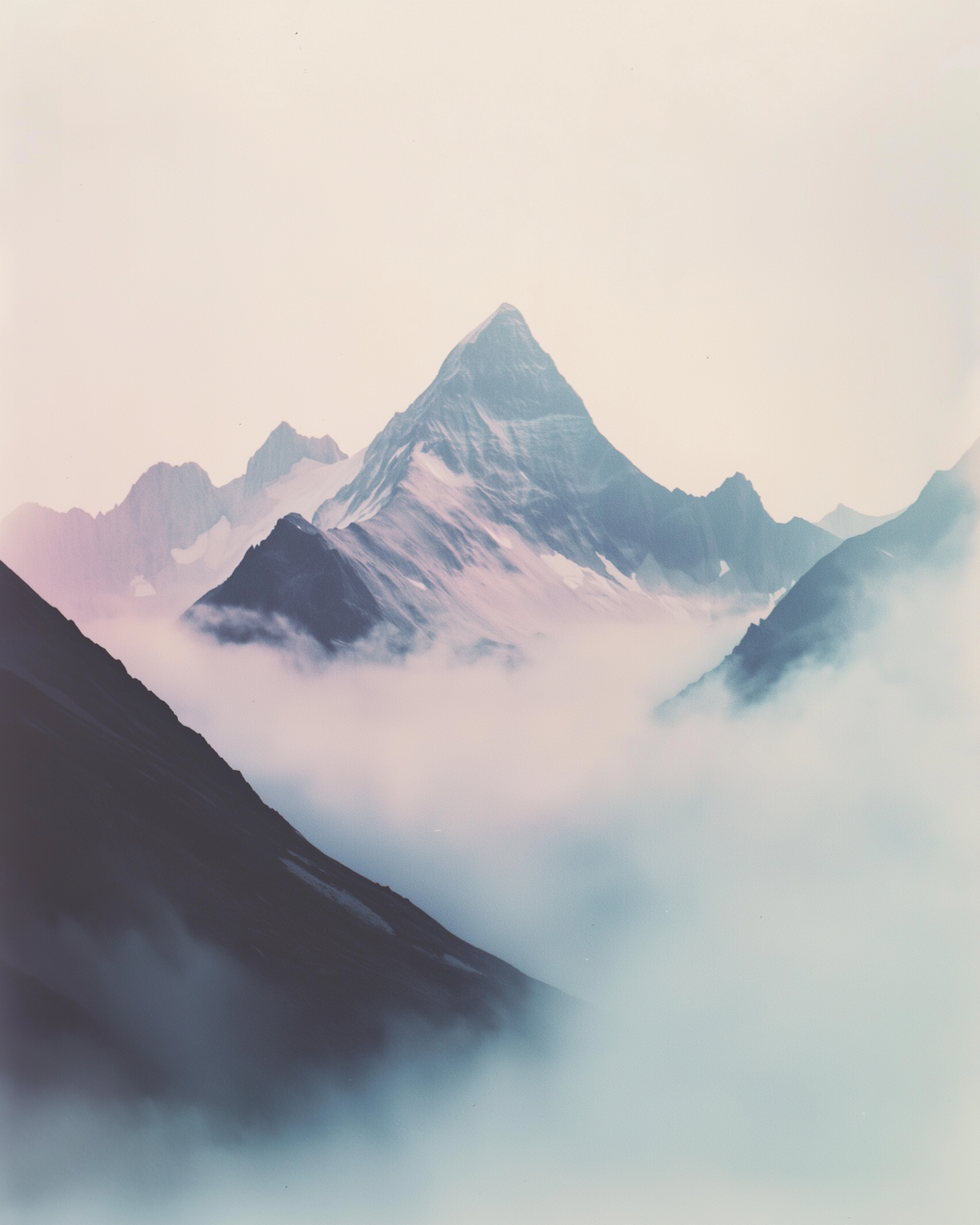 Snow peak emerging from mist